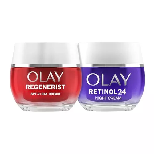 Olay Regenerist Crema Facial de Día SPF30 50ml Y Olay Retinol24 Crema De Noche 50ml. Pack De 2 Cremas Hidratantes Antiarrugas. Piel Más Firme Y Suave