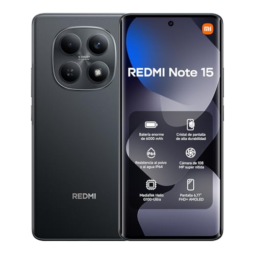 XIAOMI REDMI Note 15 - Smartphone de 6+128GB, Pantalla AMOLED FHD+ de 6,77", MediaTek Helio G100-Ultra, cámara de 108MP, batería de 6000 mAh, Cargador no Incluido, Negro (Versión ES)