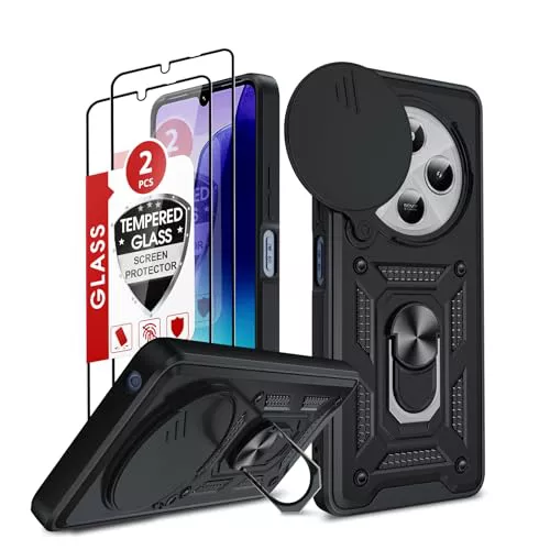 LeYi Funda para Xiaomi Redmi 14C/14 C 4G/Xiaomi Poco C75 con [2-Unidades] Cristal Vidrio Templado, Carcasa Cubierta de cámara Deslizante Proteger Anillo Soporte Silicona TPU Armor Bumper Case, Negro