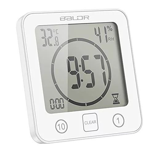 ONEVER Reloj de Baño, Humedad Digital Temperatura Reloj Digital Reloj Temporizador Pantalla LCD Impermeable Control Táctil Alarma Temporizador para Baño de Cocina (Blanco)