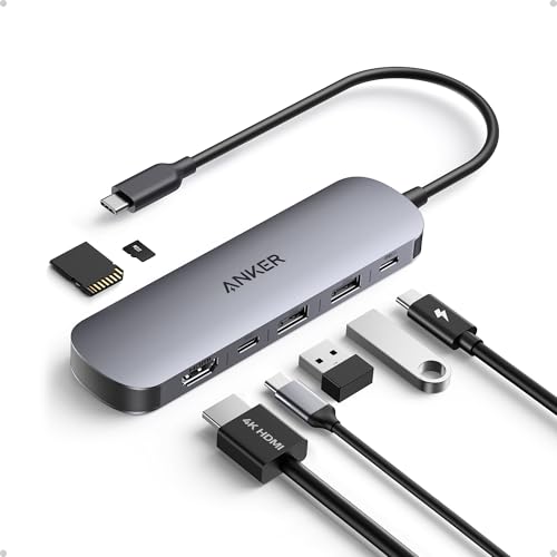 Anker Hub USB C 7 en 1 Concentrador, Adaptador Tipo C Multipuerto, Divisor USB HDMI 4K a60 Hz, Potencia máx de 100W, 3 Puertos de Datos USB A y USB-C 3.0, Tarjeta SD/TF, Tipo C (Cargador no Incluido)