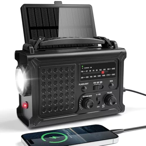 Radio de Emergencia Portátil con Manivela, Am/FM Radio con Panel Solar | 650mA Manivela y 12000mAh Recargable Pilas, Puerto USB, Linterna LED y Luz de Lectura para Acampar al Aire Libre
