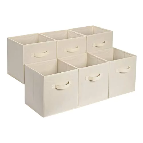 Amazon Basics Cubos de almacenamiento, de tela, plegables, con asas, 33x33x33 cm, color beige, juego de 6