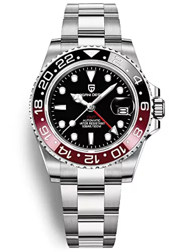 Pagani Design GMT Reloj para Hombre Automático Clásico Bisel de Cerámica Bisel Cristal de Zafiro Acero Inoxidable 100M Resistente al Agua 40MM（3 Negro Rojo）