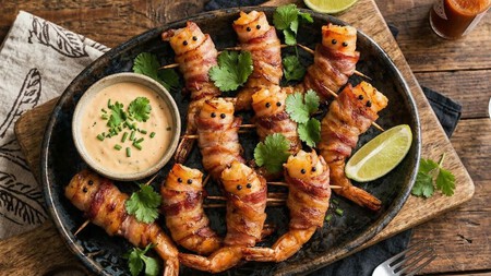 Cómo hacer camarones momia cubiertos de tocino y aderezo de chipotle para botanear  