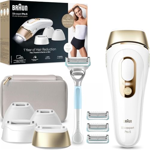 Braun Luz Pulsada Silk-expert Pro 5, Eliminación Del Vello En Casa, Alternativa a Depilación Láser, Depiladora IPL Con Funda, Maquinilla Venus, 4 Cabezales Para Cara y Cuerpo, Blanca/Dorada, PL5358