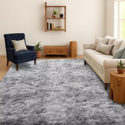 SOANNY Alfombra de Pelo Largo para Salón, Lavable Antideslizante y Suave, Diseño Tie-Dye Shaggy, 120x180 cm, Gris Claro