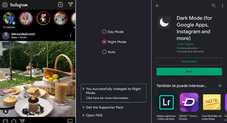 Con DarkMode puedes activar el modo oscuro en apps como Instagram si tu móvil no tiene la opción en los ajustes