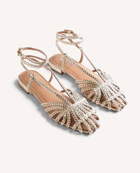 Zapatos Bailarinas Doradas Piel Trenzado Plano Elegante Primavera Bonito Invitada