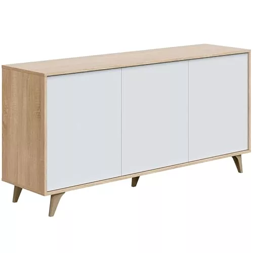 Habitdesign Aparador 3 Puertas, Bueffet para salón, Armario Auxiliar, Modelo Kikua Plus, Acabado en Blanco Artik y Roble Canadian, Medidas: 154 cm (Ancho) x 75 cm (Alto) x 40 cm (Fondo)