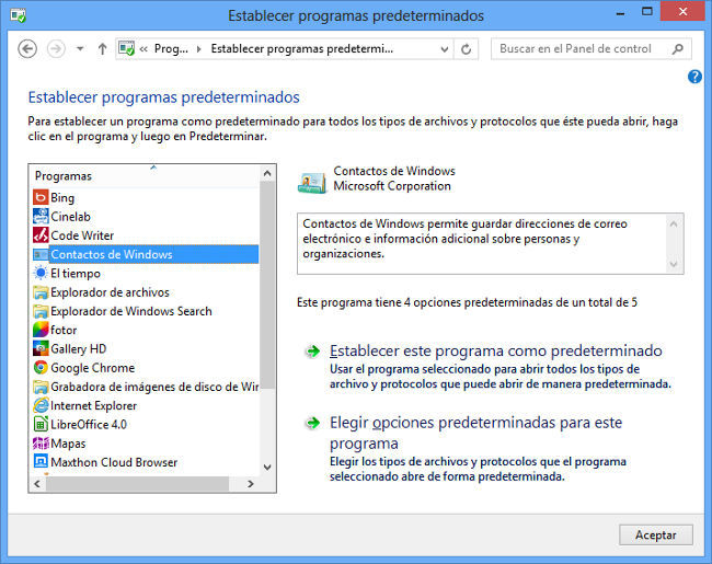Predeterminados Programas Cambiar programas determinados para abrir un archivo