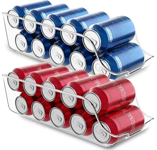 KICHLY Organizador Nevera latas (Pack de 2) - Apilable y Ahorra Espacio - Dispensador de Latas de Refresco para Despensa, Nevera, Congelador & Lavadero (Claro)