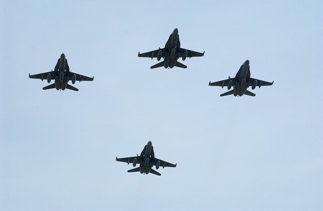 A Four Ship Formation Of Spanish Air Force Ef 18 Hornet Aircraft Performs A Cbac25 1024