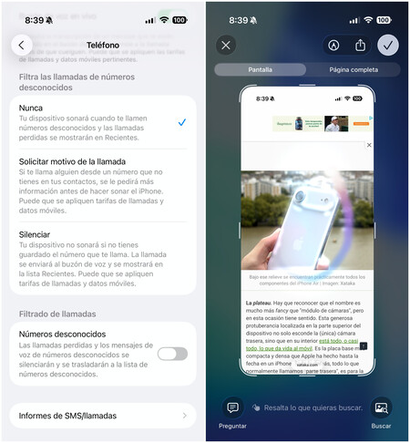 A la izquierda, el filtro para llamadas. A la derecha, la implementación de 'Rodea para buscar' | Imagen: Xataka