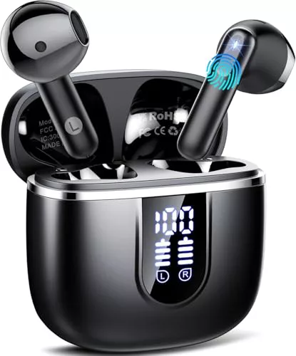 Auriculares Inalambricos Bluetooth, Auriculares Bluetooth 5.4 HiFi Estéreo con 4 HD Mic, 40H Cascos Inalambricos con Reducción de Ruido ENC, Pantalla LED, IP7 Impermeablem Cascos, USB-C, Ajuste Cómodo