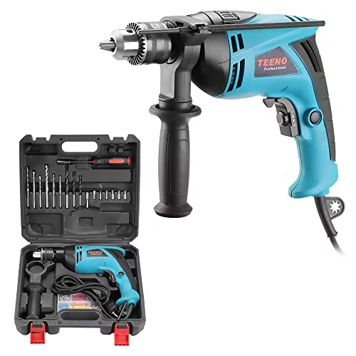 TEENO 710W Corded Hammer Drill, 20 Accessories, Variable Speed ​​Knob, Variable Speed ​​0-2.800 rpm, 360° Rotatable Auxiliary Handle and Carrying Bag