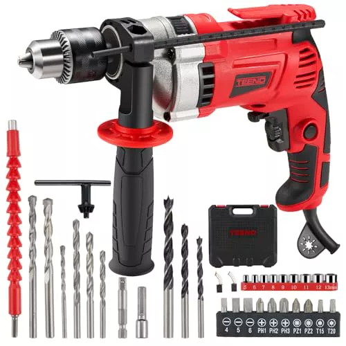 TEENO Taladro de percusión con cable 910 W, martillo perforador eléctrico 0-3000 rpm con 38 accesorios, mango giratorio de 360°, velocidad variable, mandril de metal de 13 mm, funda de transporte