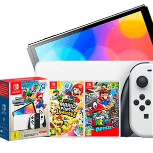 Consola Nintendo Switch OLED + Super Mario Bros Wonder + Super Mario Odyssey + Super Mario Party Jamboree