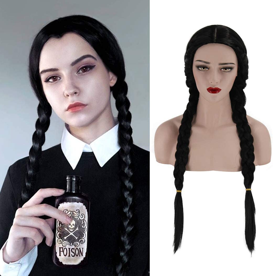 Xiujuers Peluca Miércoles Addams Niña - Peluca Trenzada Negra Larga Con Flequillo, Cosplay Halloween Fiesta, Material Fibra Suave, Ajustable Y Cómoda, 50 Cm