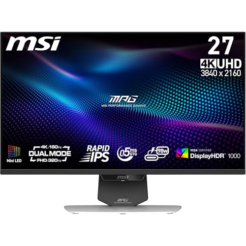 MSI MPG 274URDFW E16M Monitor gaming 4K UHD de 27 pulgadas, 3840x2160 IPS rápido, 0,5 ms, DisplayHDR 1000, Mini-LED, Modo dual, HDMI 2.1, DP 1.4a, USB C 98WPD, Ajustable en inclinación, altura, Blanco