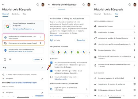 Google 検索履歴の 3 つの設定セクション