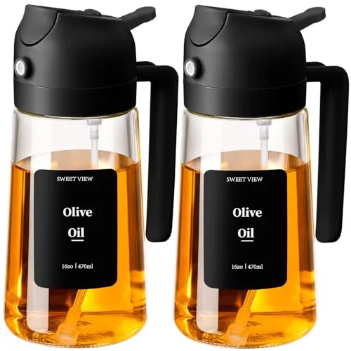 SWEET VIEW 470ml 2 en 1 Dispensador de Aceite y Pulverizador de Aceite, Vertedor Dispensador de Aceite de Oliva para, Cocina, Cocinar,Freidora de Aire,Ensalada, Barbacoa (Negro, Negro)