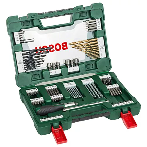 Bosch 91 uds. Set de brocas y puntas de atornillar de titanio V-Line (para madera, mampostería y metal, incluye destornillador de carraca y varilla magnética, para taladro y destornillador)