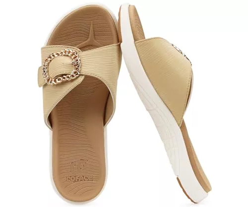 COFACE Ortopedicas Chanclas Mujer Comodas Elegantes Sandalias Pala Señora Verano Playa Piscina Fascitis Plantar Mules Ligera Abierta Piel Cuero Chancletas Antideslizante Goma Suela Beige 39