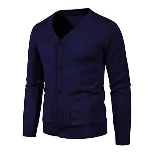 Cárdigan para hombre, mezcla de lana, cuello en V, botones de punto trenzado con bolsillos, manga larga, ajuste delgado, casual, negocios, chaqueta de punto fino, parte delantera abierta, azul marino,