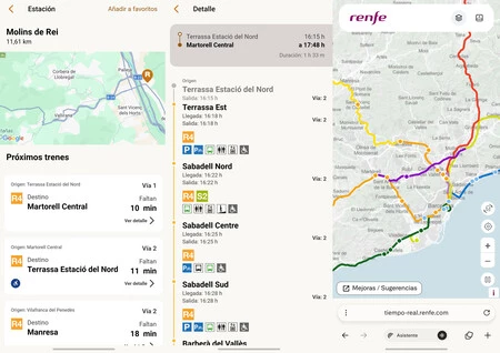 Izquierda y centro: app Android de Rodalies. Derecha: mapa en tiempo real de Adif