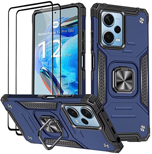 KANSi Funda para Xiaomi Redmi Note 12 Pro 5G / Poco X5 Pro 5G, Cristal Vidrio Templado [2 Piezas] Capa Anillo iman Soporte Hard PC y Silicona TPU Antigolpes Armor Carcasa - Azul