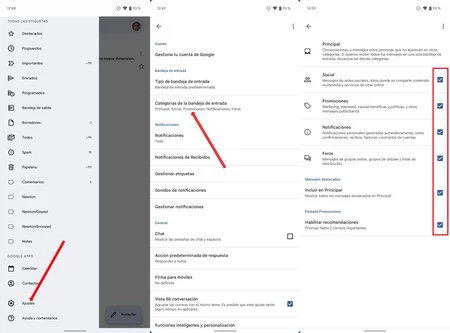 カテゴリのチェックを外し、受信トレイを統合して Gmail 広告を削除します