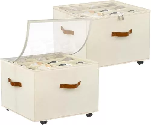WOOLUCK® 2 Piezas Organizador de zapatos, Cajas almacenaje zapatos con ruedas, tapa transparente y divisores ajustables, para 16-32 pares