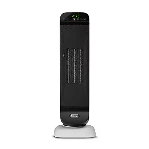 De'Longhi Termoventilador Cerámico de Torre, Calentamiento Rápido con 2 Niveles, Mando a Distancia, Temporizador 24h, Giratorio, Función Eco, Termostato de Seguridad, 2000W, HFX25S20, Blanco/Negro
