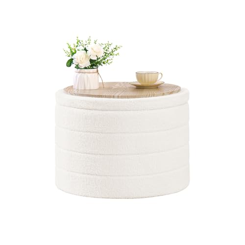 Bonlife Baúl Plegable, Puff Almacenaje, Taburete Reposapiés, Banco Almacenaje, para Sala de Estar, Dormitorio, Entrada, Creme, Forma Circular, 56x56x40 cm