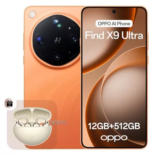 OPPO Find X9 Ultra 5G Smartphone Liberado, Cámaras Hasselblad 200MP+50MP, Zoom Óptico 10x, Video 8K, 7050mAh, Carga 100W, Pantalla 144Hz, Snapdragon 8 Elite Gen 5, Canyon Orange (con Enco Clip2)