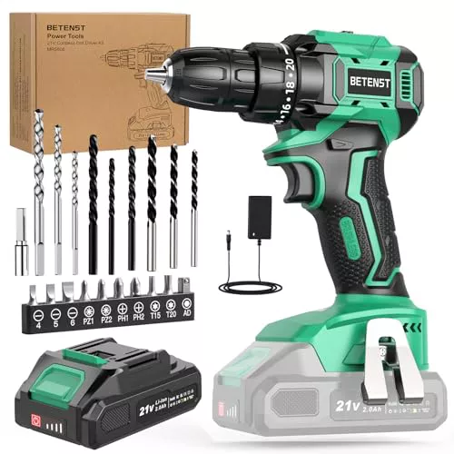 Taladro Atornillador Batería Sin Escobillas, BETENST Atornillador Electrico 21V con 2.0Ah Baterías, 45N.m Taladro Inalámbrico, 20 Ajuste de Par, 20 Accesorios, 2 Velocidad, Luz LED Para Bricolaje