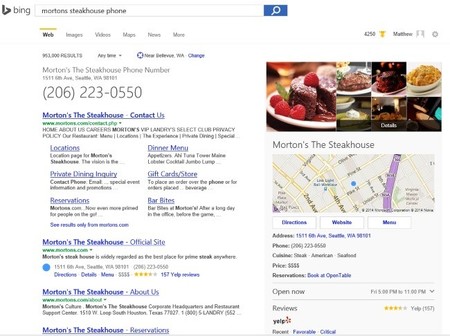 Bing ahora ofrece números de teléfono, horarios y rutas hacia locales comerciales y restaurantes