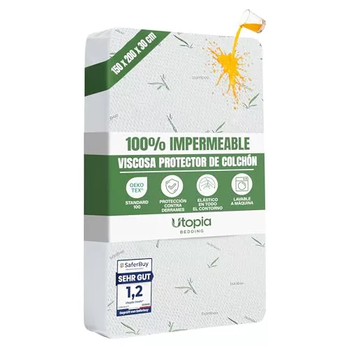 Utopia Bedding Protector de Colchón 150 x 200 x 30 cm Impermeable, Viscosa Premium, Certificación Oeko-Tex, Cubre Colchón Transpirable, Elástico En Todo