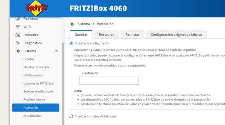 Captura de pantalla del panel de configuración de un router Fritz