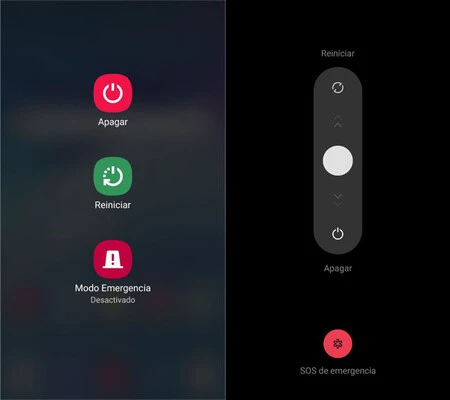Samsung (左) および OnePlus (右) モバイルの再起動オプションを含むシャットダウン メニュー