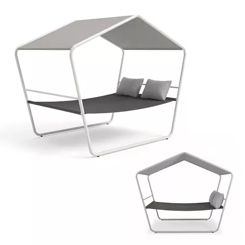HAPPERS Cama Balinesa para Exterior de Acero y Tejido de Secado Rápido | Tumbona Doble de Jardín y Terraza con Techo | Cama Chill out con Dosel para Piscina y Porche | 193 x 137,5 x 233 cm