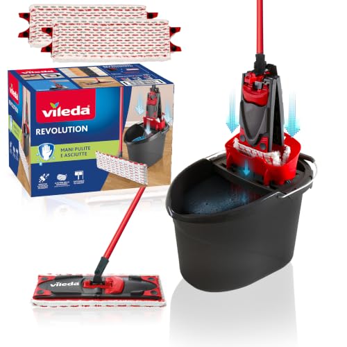 Vileda 158575 Sistema de limpieza para todo tipo de suelos con cubo, escurridor y soporte, Incluye un paño de microfibra, Color negro/rojo