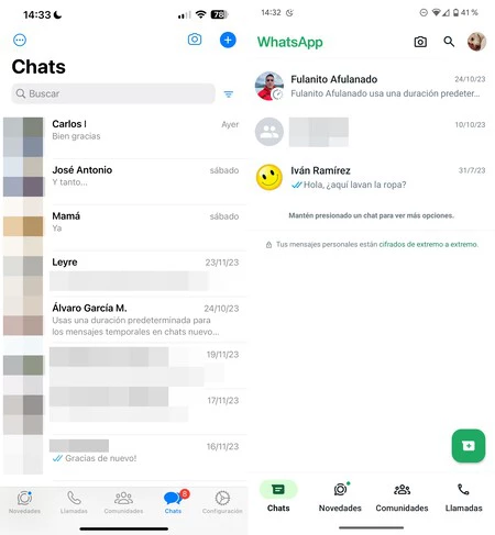 さて、iOS (左) と Android (右) の WhatsApp は非常に似ています