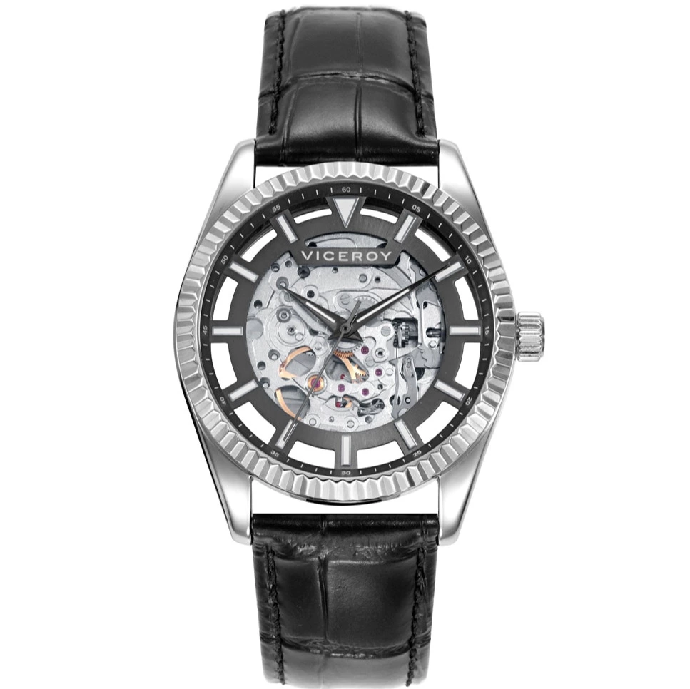 Reloj automático de hombre chic con caja de acero y correa de piel negra