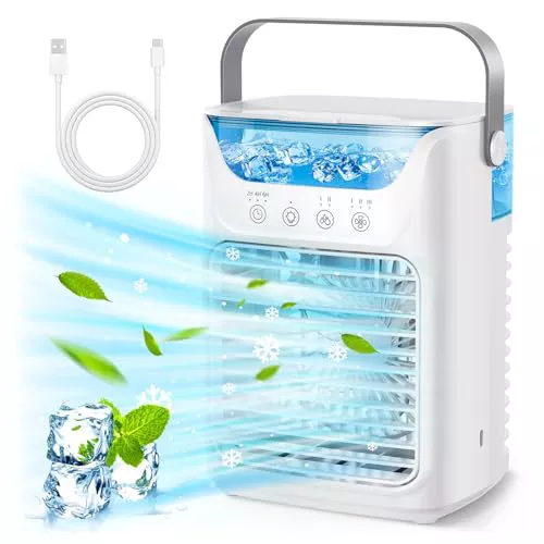 Aires Acondicionados Portátiles, Humidificador Enfriador de Aire con Tanque de Agua y Niebla Fría, Soporte de Ventilador de Refrigeración Sincronización Automática para Sala de