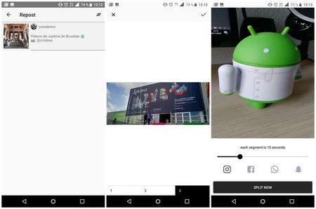 左から右へ: 再投稿、スワイプ可能な写真とビデオのスプリッター。