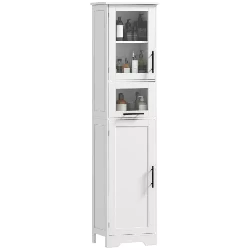 HOMCOM Armario de Baño Alto de Pie con Puerta Vidrio 40x31x170 cm Blanco