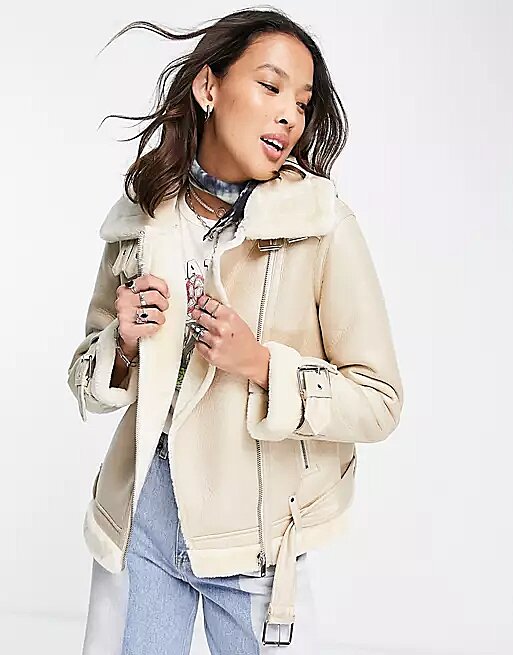 Chaqueta de aviador crema de borreguito sintético con forro de piel sintética de Topshop