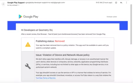 削除の理由を記載した Google からのメッセージ。